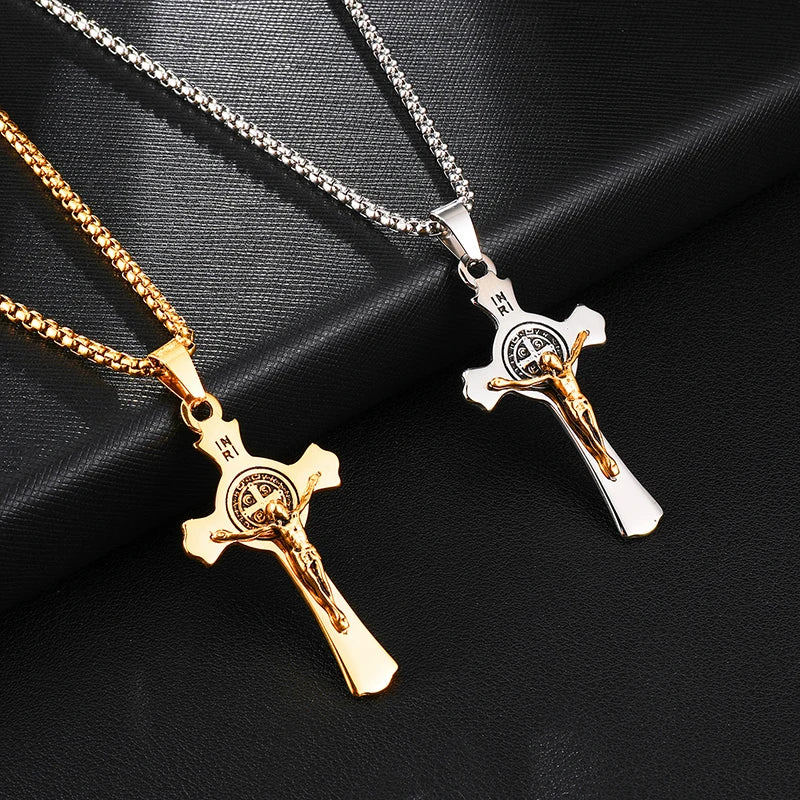 INRI Jesus Cross Necklaces Pendants Stainless Steel Exorcism St. Benedict Crucifix Necklace For Men Jewelry - Image 3