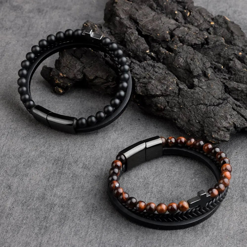 Natural Stone Beads Cross Bracelet On Hand Genuine Leather Braided Stainless Steel Magnetic Clasp Bangles For Men Jewelry Gift - Image 4