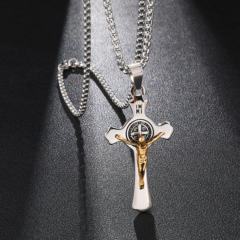 INRI Jesus Cross Necklaces Pendants Stainless Steel Exorcism St. Benedict Crucifix Necklace For Men Jewelry - Image 8