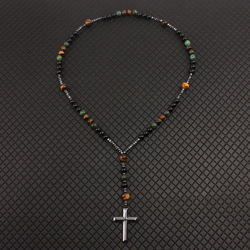 Natural Stone Rosary Necklace – Africa Turquoise & Tiger Eye Beads with Cross Pendant - Image 6