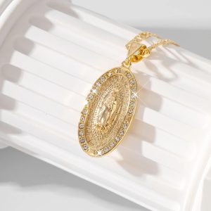 Inlaid Zircon Virgin Mary Pendant – Unisex Copper Religious Necklace for Believers