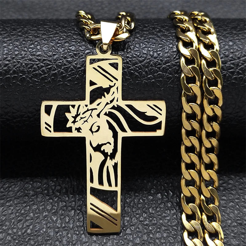 Crown of Thorns Jesus Cross Necklace – Gold-Plated Hip Hop Punk Crucifix Pendant for Men - Image 18