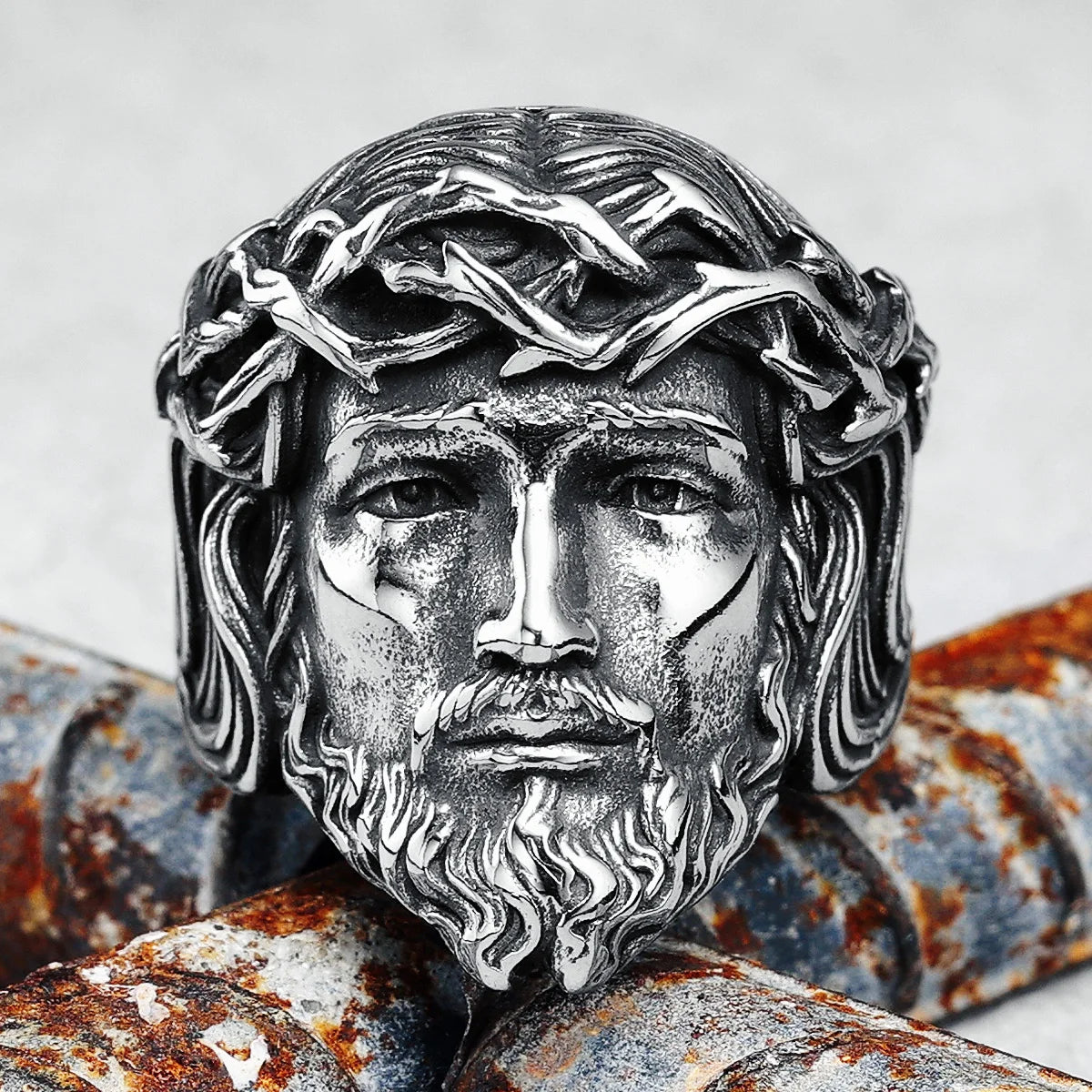 316L Stainless Steel Men’s Christian Jesus Face Ring - Image 2