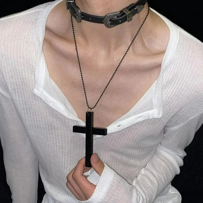 New Gothic Cool Y2K Wood Cross Pendants Necklaces Unisex Black White Red Hip Hop Charm Chain Choker Necklace Fashion Jewelry - Image 4
