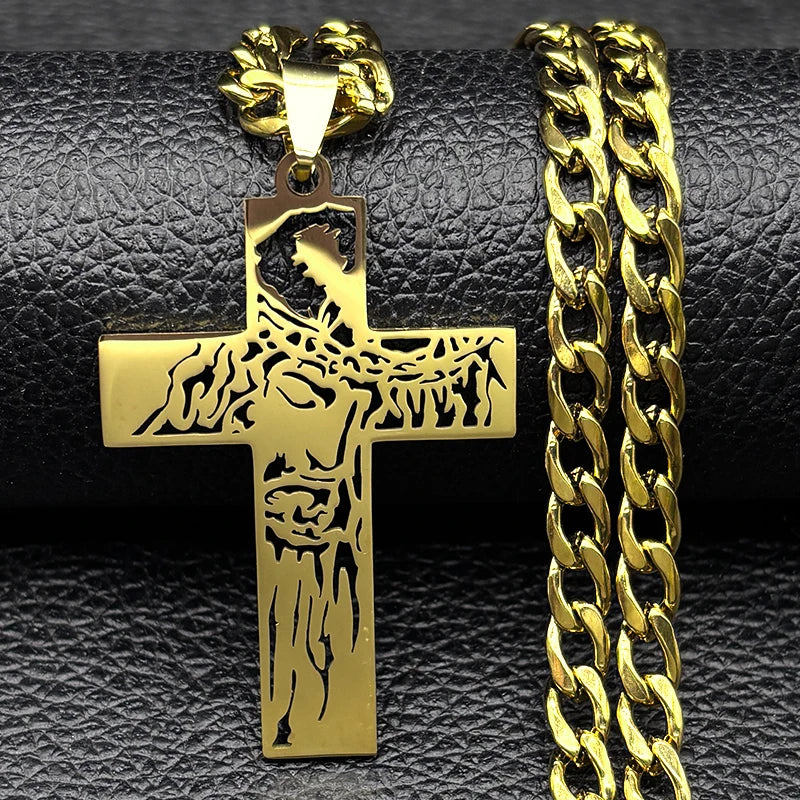 Crown of Thorns Jesus Cross Necklace – Gold-Plated Hip Hop Punk Crucifix Pendant for Men - Image 10