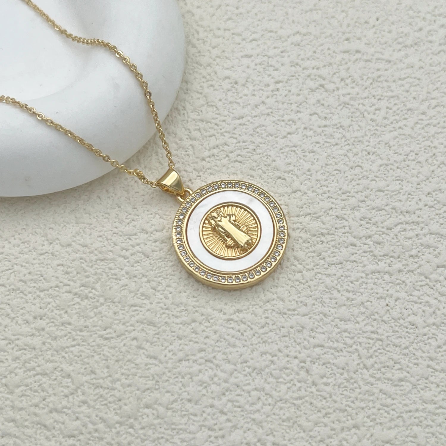 Catholic Jesus Cross Necklace – Gold Plated Copper with Saint Benedict, Virgin Mary & Zircon Details - Image 5