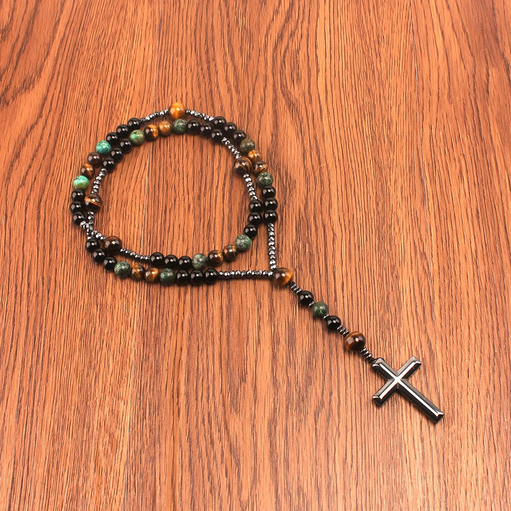 Natural Stone Rosary Necklace – Africa Turquoise & Tiger Eye Beads with Cross Pendant - Image 5