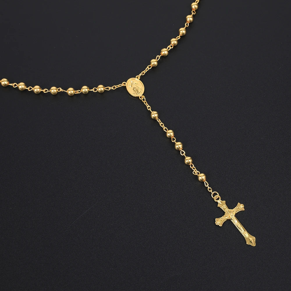 Gold Color Rosary Necklace – Long Crucifix Chain with 6MM Beads for Men & Women - Image 3