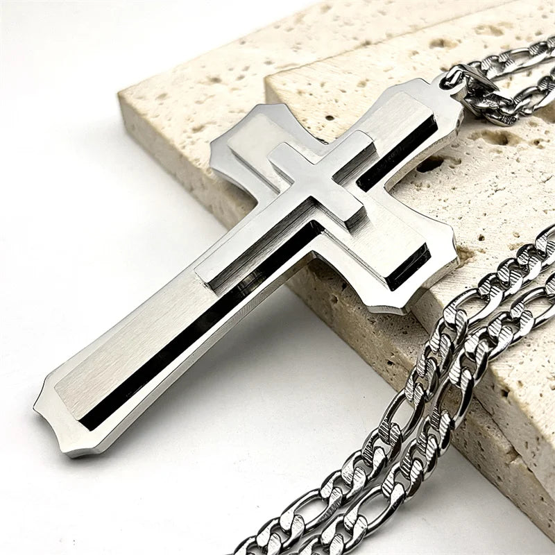 Big Jesus Christian Cross Pendant Necklace – Stainless Steel Figaro Chain for Men & Women - Image 4