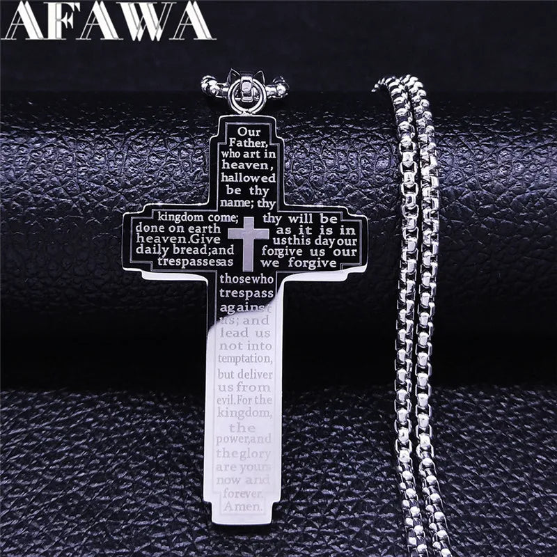 Christian Bible Cross Chain Necklace – Stainless Steel Prayer Pendant for Men