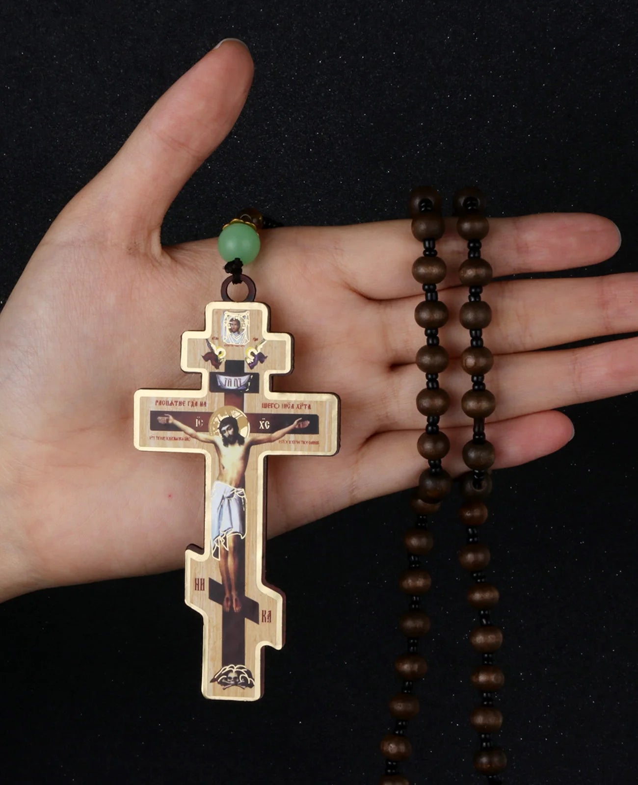 Diyalo Orthodox Crucifix Necklace – Jesus Christ Cross Icon Pendant with Wooden Beads - Image 2