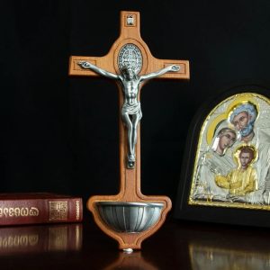 Catholic Wooden Cross with Holy Water Holder