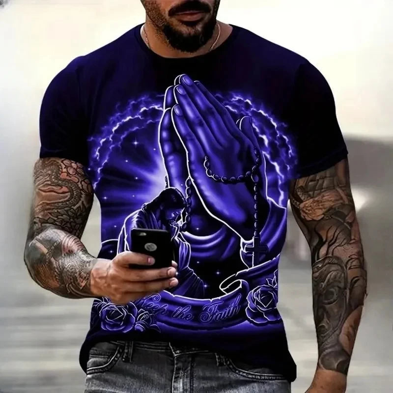 3D Jesus Print Pray T-Shirt – Christian Fashion Oversized Tee for Men - Image 3