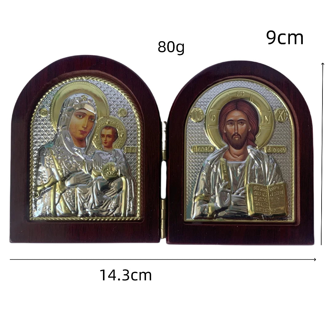 Jesus Wood Icon with Double Virgin Mary Statues - Image 6