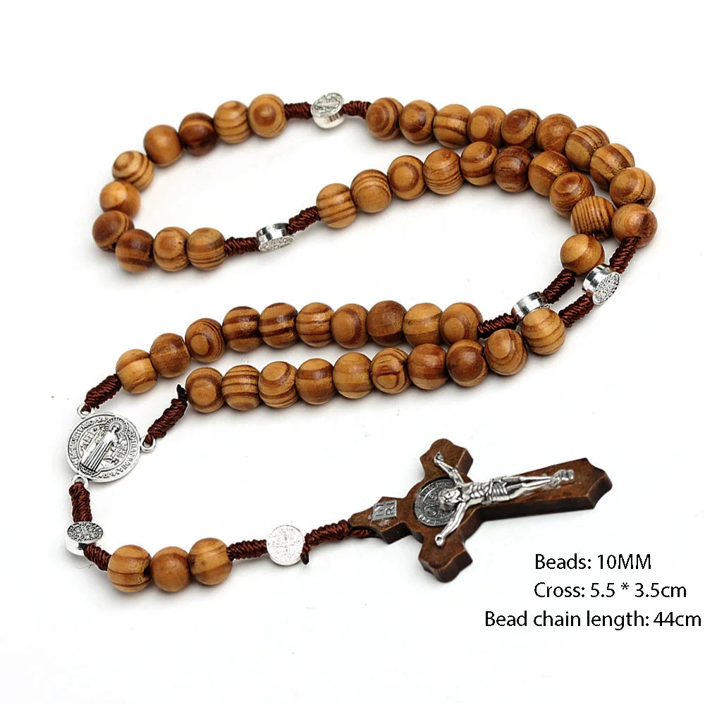 10MM Wood Beads Rosary Cross Necklace - Image 2