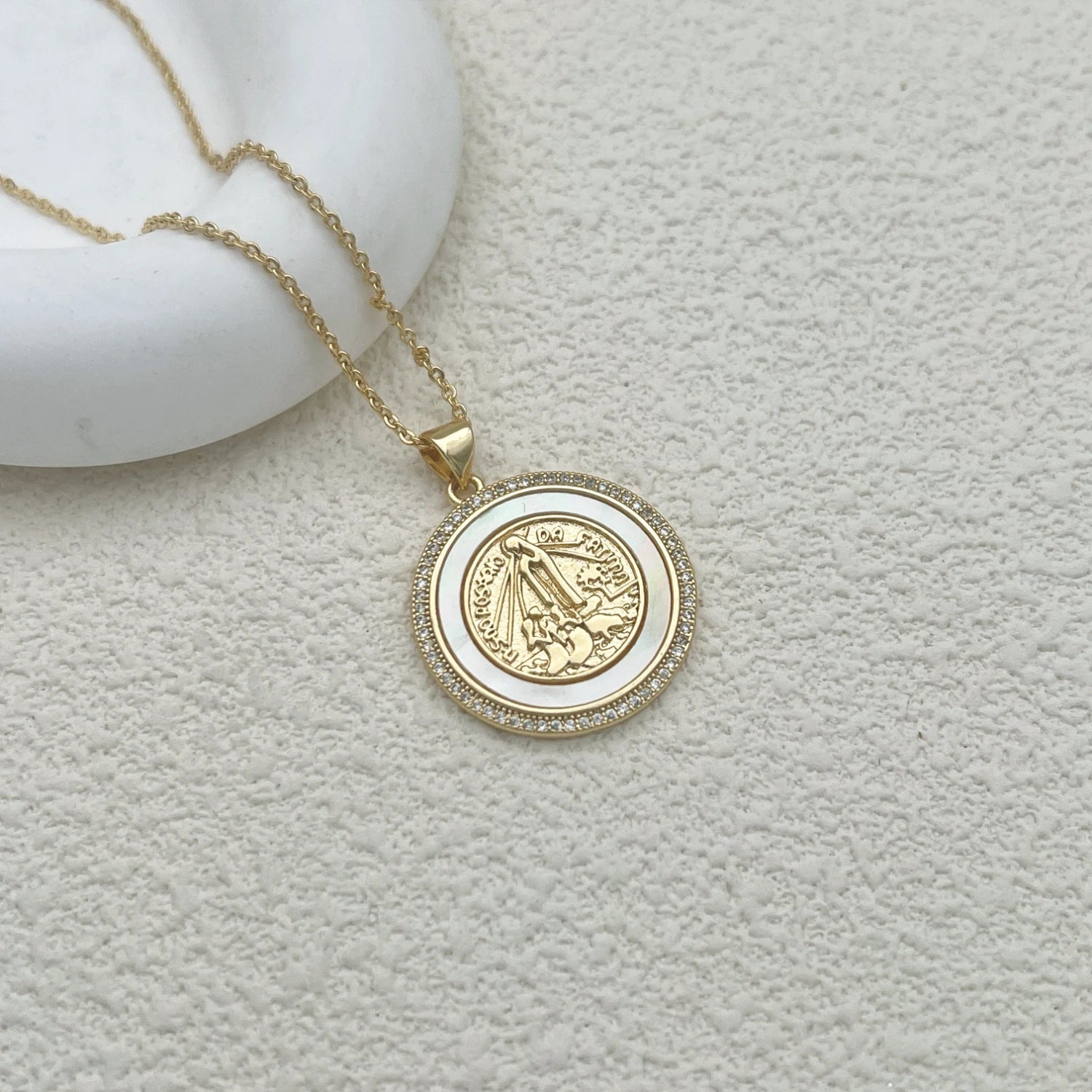 Catholic Jesus Cross Necklace – Gold Plated Copper with Saint Benedict, Virgin Mary & Zircon Details - Image 4