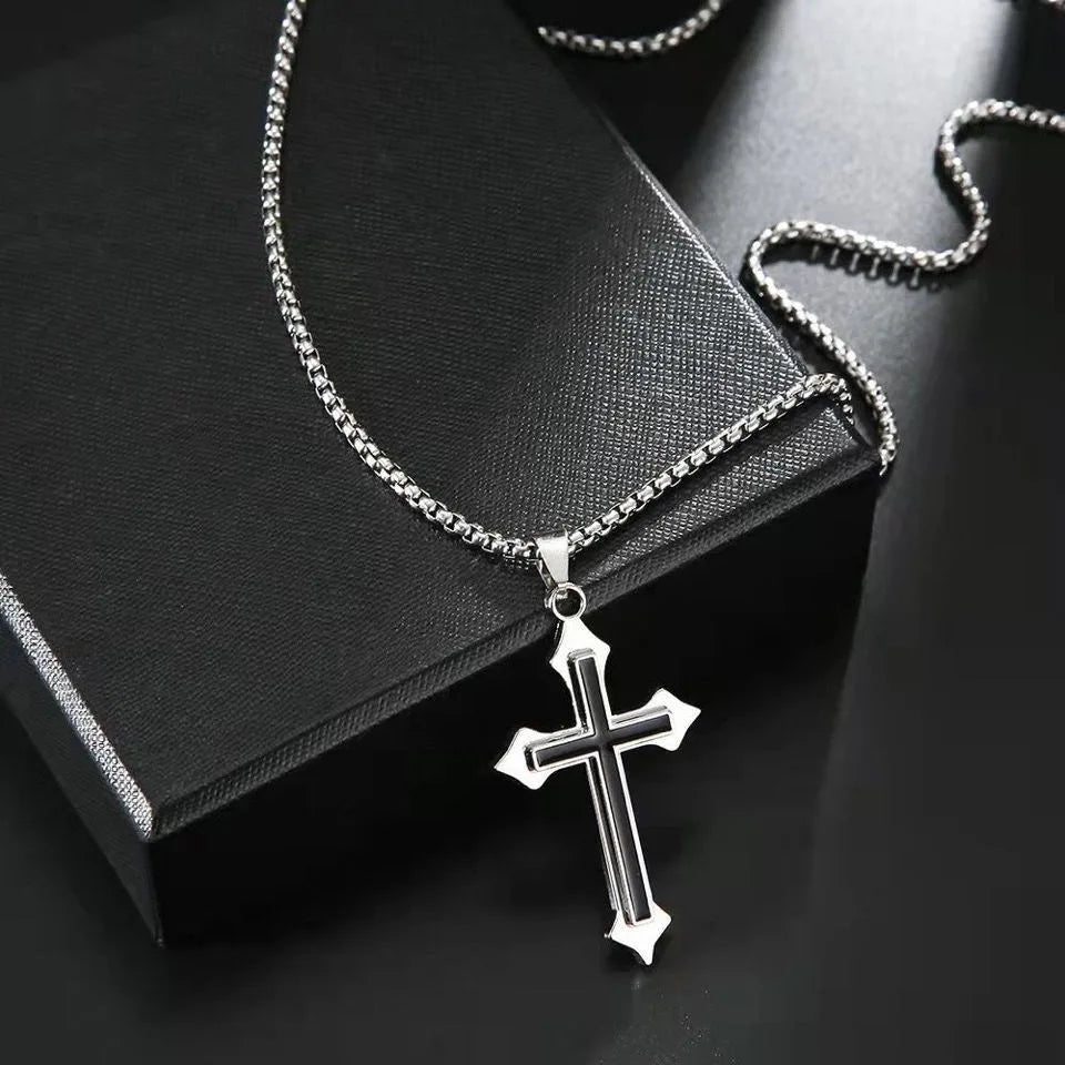 Minimalist Black Oil Drop Cross Necklace – Silver Color Stainless Steel Chain, Unisex Hip-Hop Punk Jewelry - Image 3