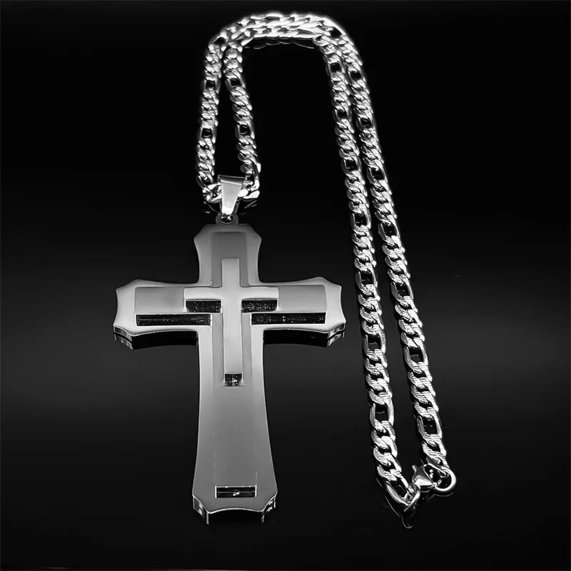 Big Jesus Christian Cross Pendant Necklace – Stainless Steel Figaro Chain for Men & Women - Image 3