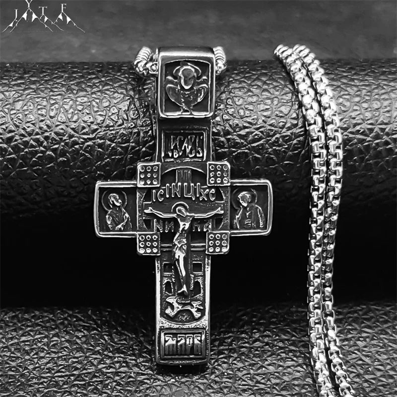 Men's Russian Eastern Orthodox Jesus Cross Pendant Necklace – Stainless Steel Crucifix Baptism Prayer Jewelry