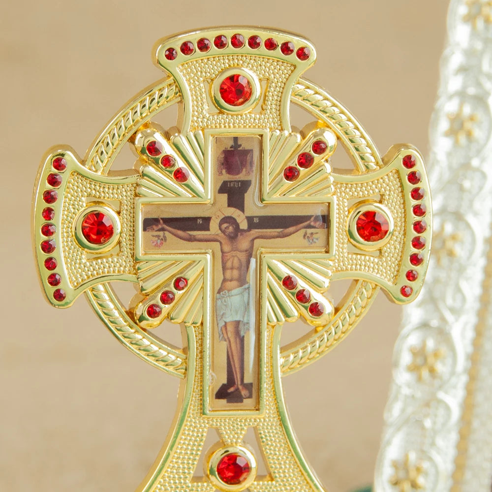 HT Religious Orthodox Crucifix Cross – Jesus Icon Metal Statue with Red Gemstones for Church, Home, or Car Decor - Image 4
